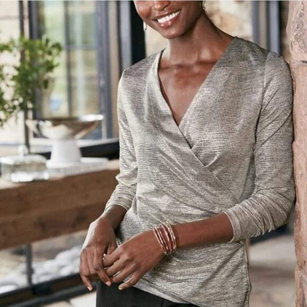 NWT Soft Surroundings Stella Faux Wrap Top Metallic Gold Size M